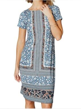 J. Jill Mixed Print Floral Lightweight Boatneck Jersey Dress Knee Length Sz M